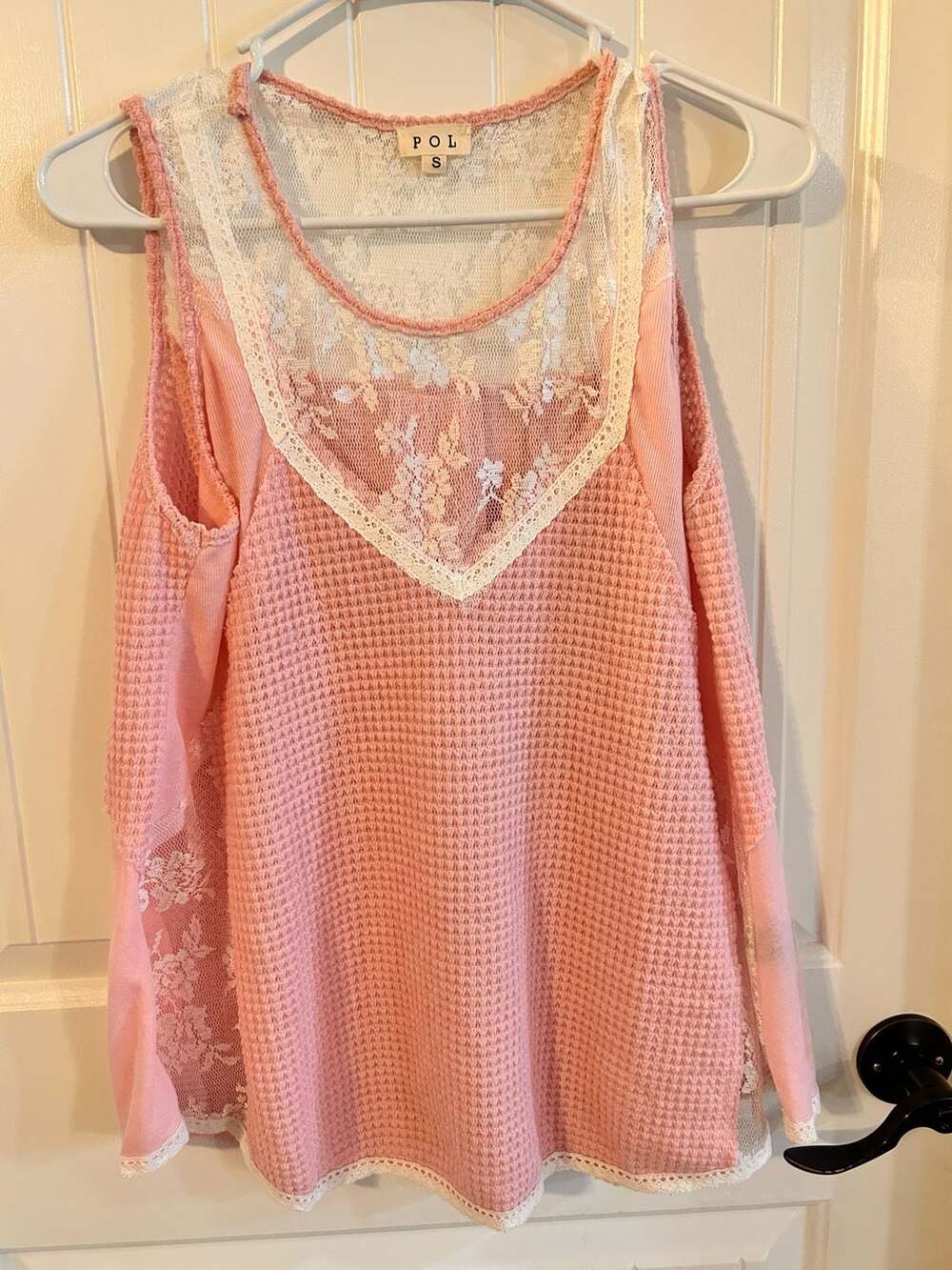 POL Boho Pink Thermal Waffle Knit Lace Trim Sleeveless Tank Top